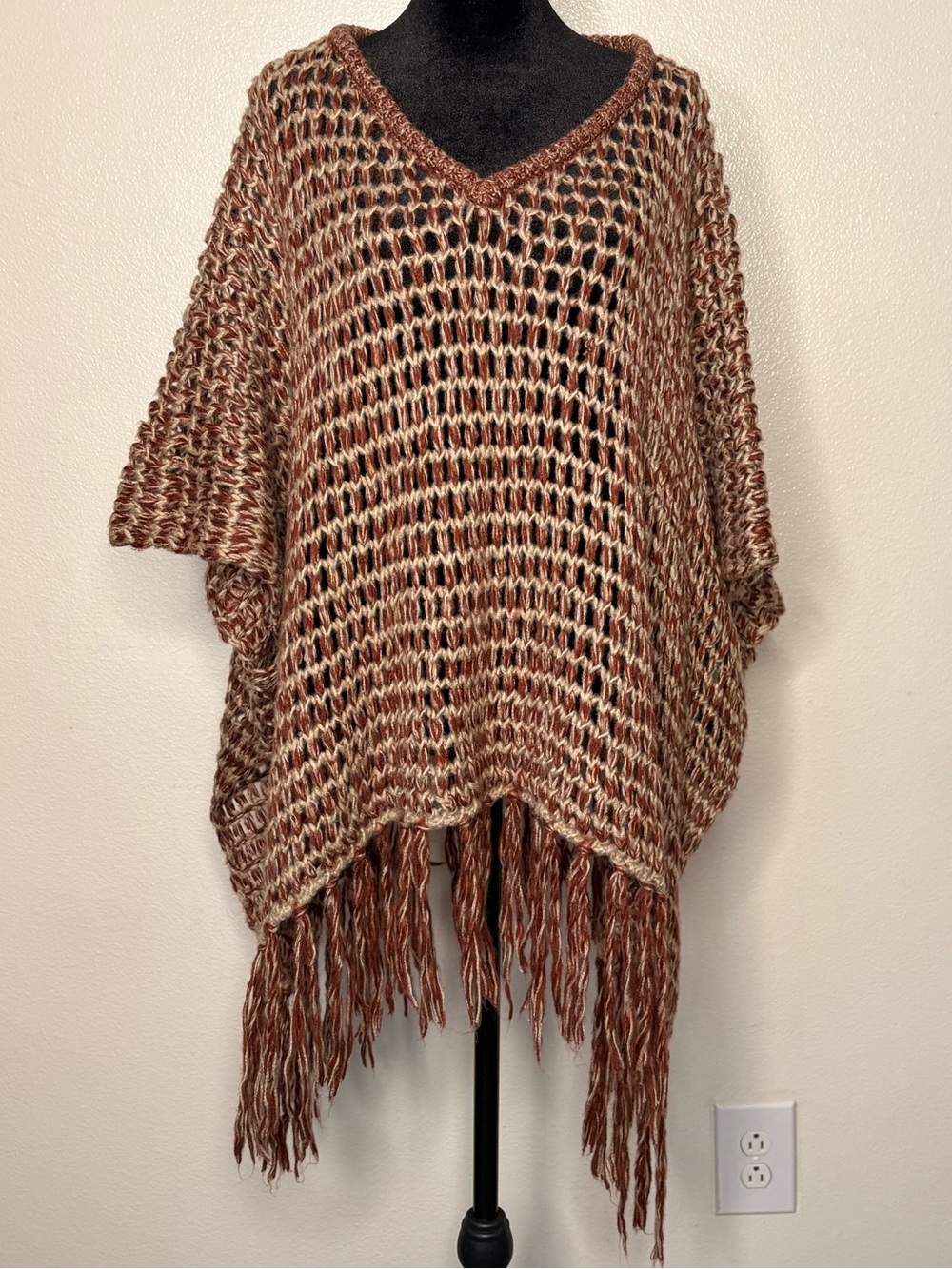 Boho Open-Weave Fringe Poncho Sweater - Brown/Cream SMALL